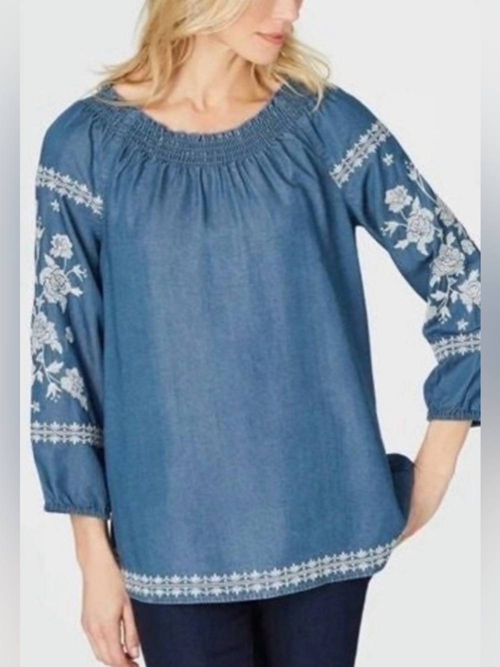 J.Jill Embroidered Smocked-Neck Denim Peasant Top - Blue